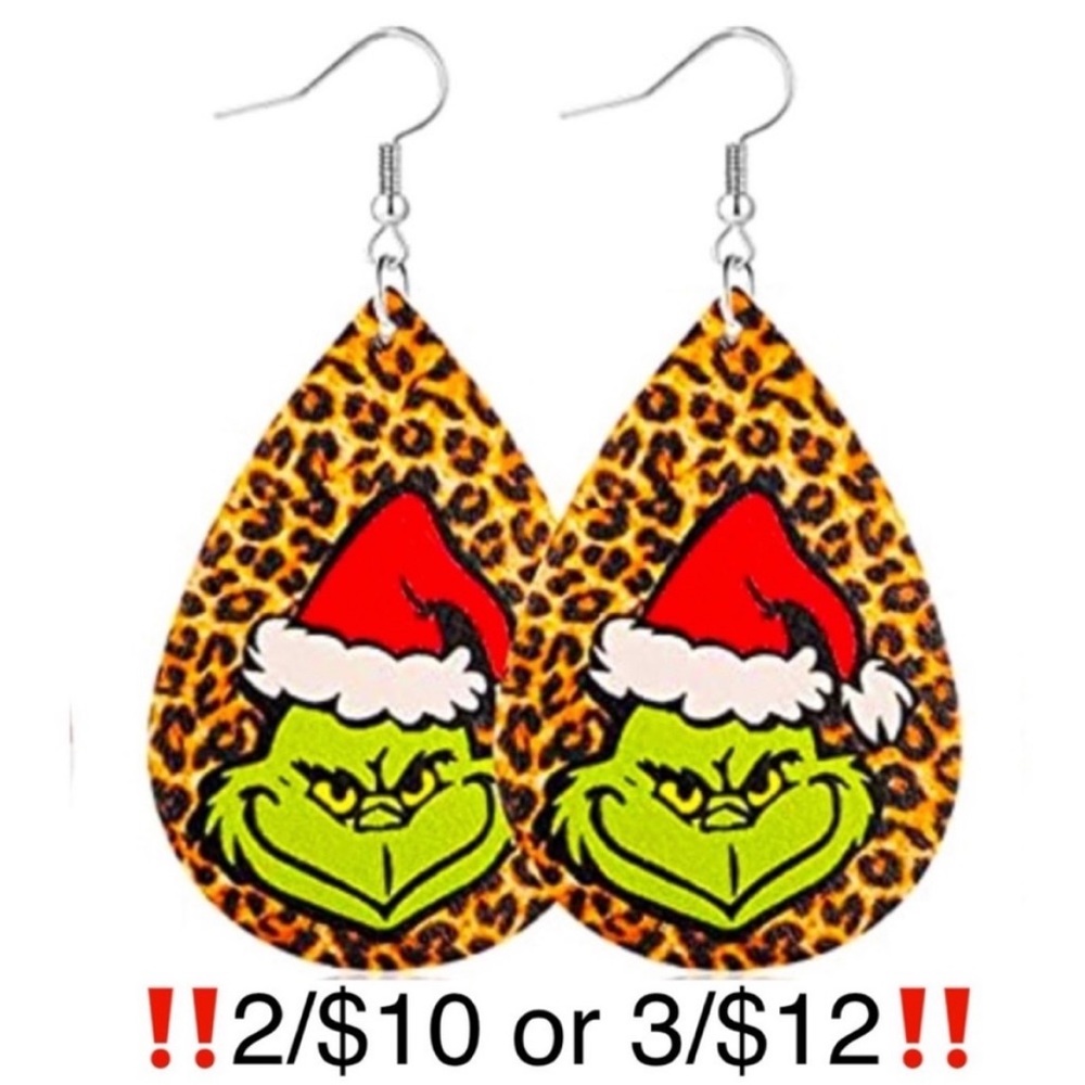 Leopard Print Faux Leather Grinch Christmas Earrings